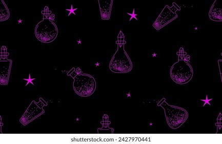 Seamless pattern with fairytale vials and bottles. Texture with vintage bottles with magic potion. Decorative stars with sparkling glitters. Poison or elixir. Premium shiny magic liquid potion bottle
