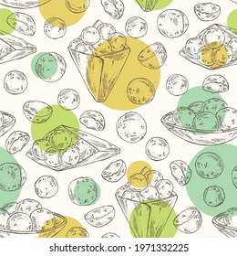 Seamless pattern with falafel: falafel in the box. Vegetarian fast food. Vector hand drawn illustration