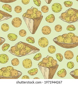 Seamless pattern with falafel: falafel in the box. Vegetarian fast food. Vector hand drawn illustration