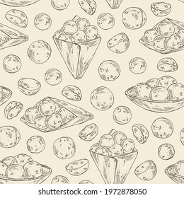 Seamless pattern with falafel: falafel in the box. Vegetarian fast food. Vector hand drawn illustration