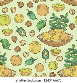 Seamless pattern with falafel in pita bread with vegetables: falafel, pita bread, tomato, lettuce and cucumber. Vegetarian fast food. Vector hand drawn illustration