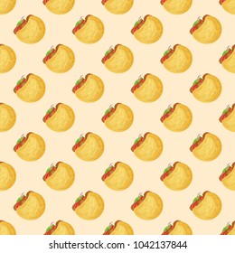 Seamless pattern with falafel in pita on yellow background. Vector illustration of fast food with snack in cartoon style