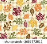 Seamless Pattern of Fall and Autumn Leaves with Plaid Background- Autumn Vector Illustration