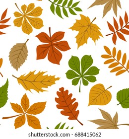 Seamless Pattern With Fall Autumn Leaves On White Background