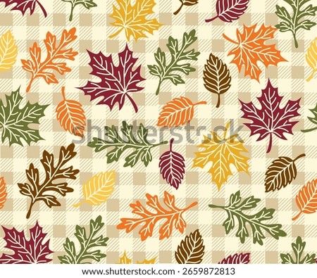 Seamless Pattern of Fall and Autumn Leaves with Plaid Background- Autumn Vector Illustration