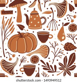 Seamless pattern with fall, autumn season objects - pumpkin, sock, mushrooms, leaves, twigs and berries, flat cartoon vector illustration on white background, wrapping paper, backdrop, textile design