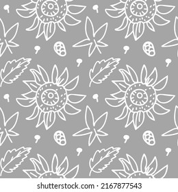 Seamless pattern with fall botanicals in a white line on a gray background.Repeating,floral print in a minimalist style.Designs for textiles,wrapping paper,fabric,packaging.