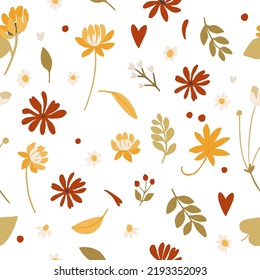 Nahtlose Muster mit Herbstblumen und Herbstblättern, Äste in Orange, Rot, Grün und Gelb. Perfekt für Tapete, Geschenkpapier, Muster-Füllungen, Web-Hintergrund, Herbstgrußkarten.