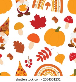 Seamless pattern fall gnomes rainbow vector illustration. Thanksgiving Gnomes