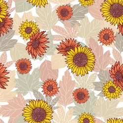 Seamless Pattern With Fall Leaf, Abstract Leaf Texture With Sunflowers Design, Great For Wallpaper, Fabric, Bookscraping.