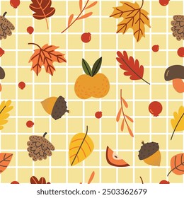 Seamless pattern of fall leaves, acorns, apples and berries. Autumn endless background. Yellow grid backdrop with botany elements. 