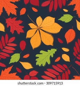 Seamless pattern. Fall of the leaves. Autumn leaves are drawn with chalk on the black chalkboard. Wrapping paper, cloth. Vector.