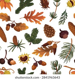 Seamless pattern of fall leaves, branches of acorns and chestnuts, twigs of pine and fir. Endless background of autumn forest. Autumn print with faded leaves. Fall forest nature wallpaper design