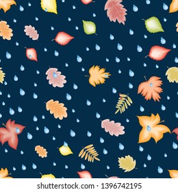 Seamless pattern of fall leaves and raindrops