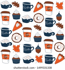 Seamless pattern of fall related objects coffee, bakery, leaves.For textiles, paper, fabric and craft print and design.