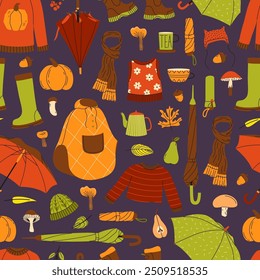 Seamless pattern for fall season. Autumn cozy set with sweater, umbrellas, and mushrooms. Vector illustration. Colorful season collection