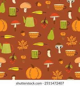 Seamless pattern for fall season. Autumn cozy set with tea cups, leaves and mushrooms. Vector illustration. Colorful season collection