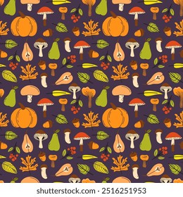 Seamless pattern for fall season. Autumn cozy set with pumpkin, leaves and mushrooms. Vector illustration. Colorful season collection