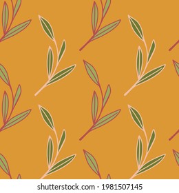 Seamless pattern fall season outline green contour foliage shapes. Orange background. Autumn backdrop. Perfect for fabric design, textile print, wrapping, cover. Vector illustration.