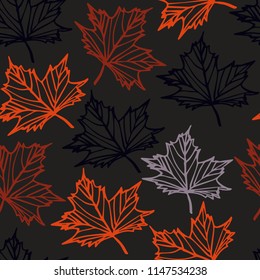 Seamless pattern with fall season. Outlined maple leaves on dark background. Vector illustration about autumn weather.