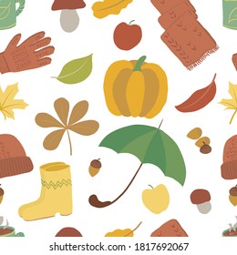 Seamless pattern with fall season symbols. Endless design of autumn related isolated objects. Mild colors. Leaves, clothes, rain protection, harvest. Can be used On textile, wrapping paper for kids