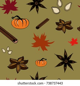 Seamless pattern with fall/autumn items: pumpkin, cinnamon stick, anise star seed. Thanksgiving day pattern, background.