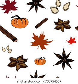 Seamless pattern with fall/autumn items: pumpkin, cinnamon stick, anise star seed. Thanksgiving day pattern, background.