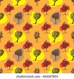 Seamless pattern. Fallcolors trees. Hand drawn trees set. Autumn colors.
