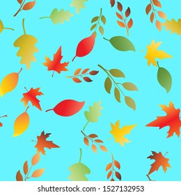 Seamless pattern with fallen autumn leaves and color on blue background. Elegant simple vintage style. Autumnal backdrop with colorful foliage. Vector illustration for textile, print, wrapping paper.