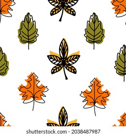 Seamless pattern of fallen autumn leaves of different shapes. Autumn background, poster with different leaves. Seasonal autumn elements for creating postcards, invitations, Cartoon flat style. vector 