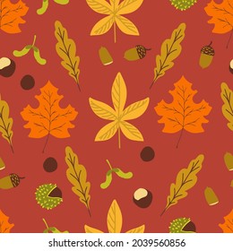 Seamless pattern of fallen autumn leaves of different shapes. Autumn background, poster with different leaves. Seasonal autumn elements for creating postcards, invitations, Cartoon flat style. vector 