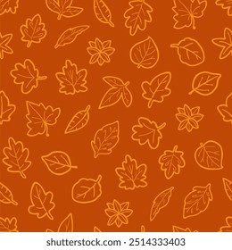 Seamless pattern of fallen leaves. Multi-directional, autumn colors, brown orange yellow. 
