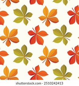 Seamless pattern of falling Autumn chestnut leaves on isolated background. Hand drawn design for Autumn harvest holiday, Thanksgiving, Halloween, seasonal, textile, scrapbooking, paper crafts.