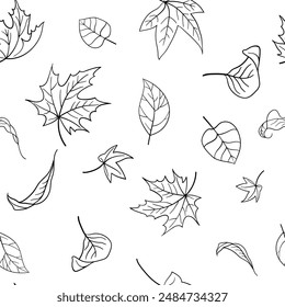 Seamless pattern of falling autumn leaves. Black outlines of leaves hand drawn doodles on a white background. Vector illustration for textile print, wrapping paper, wallpaper