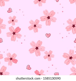 Seamless pattern of falling cherry blossom and heart on pink background vector illustration. Sakura Japanese flower flower. 