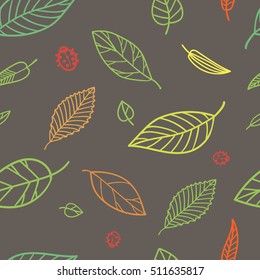 Seamless pattern of falling color leaves with red ladybugs on the brown background. Vector illustration.