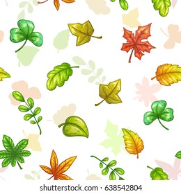 Seamless pattern with falling colorful leaves on white background. Vector autumn herbal texture.