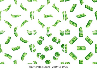 Seamless pattern with falling dollar banknotes and stacks of money on white background