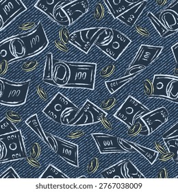 Seamless pattern with falling, folded, twisted, flying 100 US dollar notes, coins in outline style on blue denim texture. Grunge style. Print for apparel, textile design