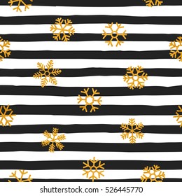 Seamless pattern of falling gold snowflakes on striped background. Elegant pattern for banner, greeting, Christmas and New Year card, invitation, postcard, paper packaging. Vector illustration