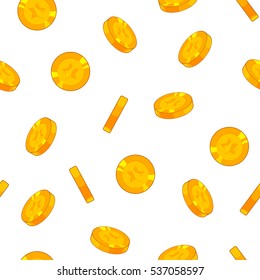 Seamless pattern with falling golden coins isolated on white background. Vector illustration for wrapping paper, fabric.