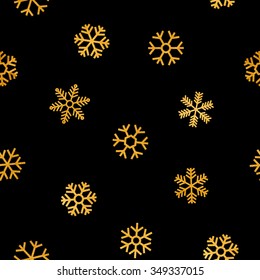 Seamless pattern of falling golden snowflakes on black background. Elegant pattern for Christmas or New year background, festive banner, card, invitation, postcard. Vector illustration.