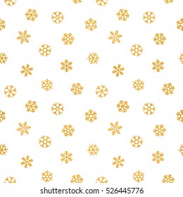 Seamless pattern of falling golden snowflakes on white background. Elegant pattern for banner, greeting, Christmas and New Year card, invitation, postcard, paper packaging. Vector illustration
