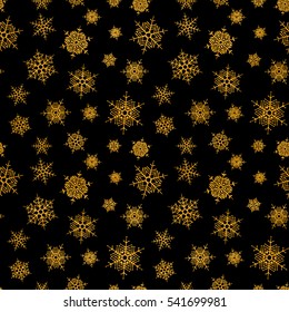 Seamless pattern of falling golden snowflakes on black background. Elegant pattern for banner, greeting, Christmas and New Year card, invitation, postcard, paper packaging. Vector illustration.