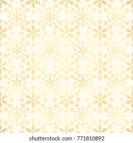 Seamless pattern of falling golden snowflakes on white background. Elegant pattern for banner, greeting, Christmas and New Year card, invitation, postcard, paper packaging. Vector illustration