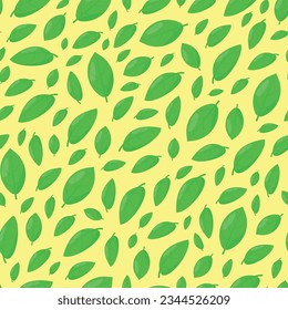 
Seamless pattern of falling green leaves on a pastel yellow background