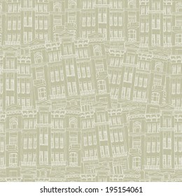 Seamless pattern with falling houses. Repeating structure architectural motive. Hand drawn vector illustration in sand color
