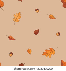 seamless pattern with falling leaves and acorns in red, yellow and orange colours isolated on a beige background. Cartoon illustration in a flat hand drawn style. Vector illustration