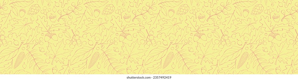 Seamless pattern falling leaves, acorns, berries, cones. Vector bright autumn texture isolated on yellow. Concept of forest, leaf fall, nature, thanksgiving