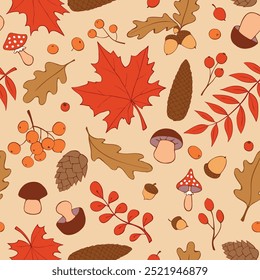 Padrão sem emenda folhas caindo, bolotas, cones, bagas, cogumelos. Cor de vetor brilhante vermelho marrom outono textura, mão desenhada em doodle estilo plano. Conceito de floresta, queda de folhas, natureza, ação de graças